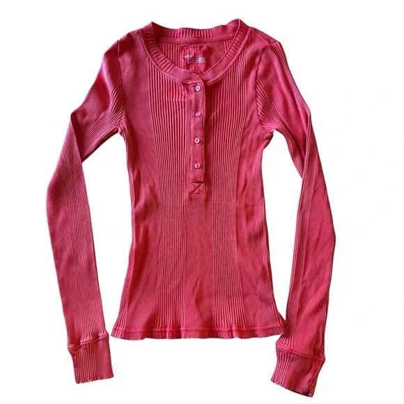Aerie Road Trip Long Sleeve Henley Coral Ribbed Lounge Comfy Size Medium - Picture 2 of 8